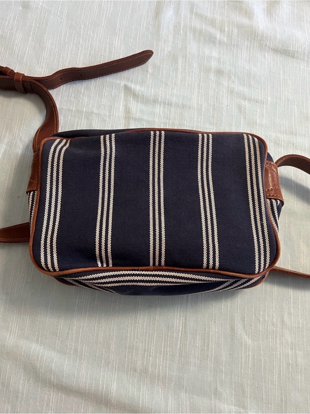Calvin Klein Navy Striped Crossbody Bag Canvas with Brown Leather Trim